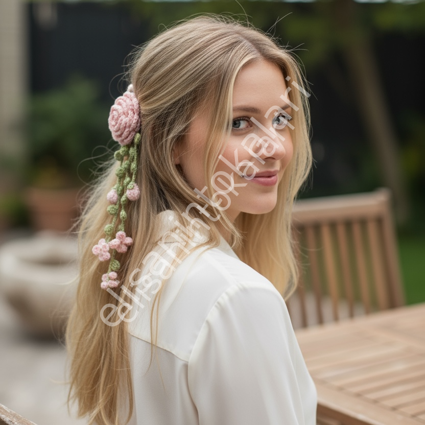 HANDMADE CROCHET PINK FLOWER ELASTIC HAIR TIE – LONG BLOSSOM STRAND DESIGN