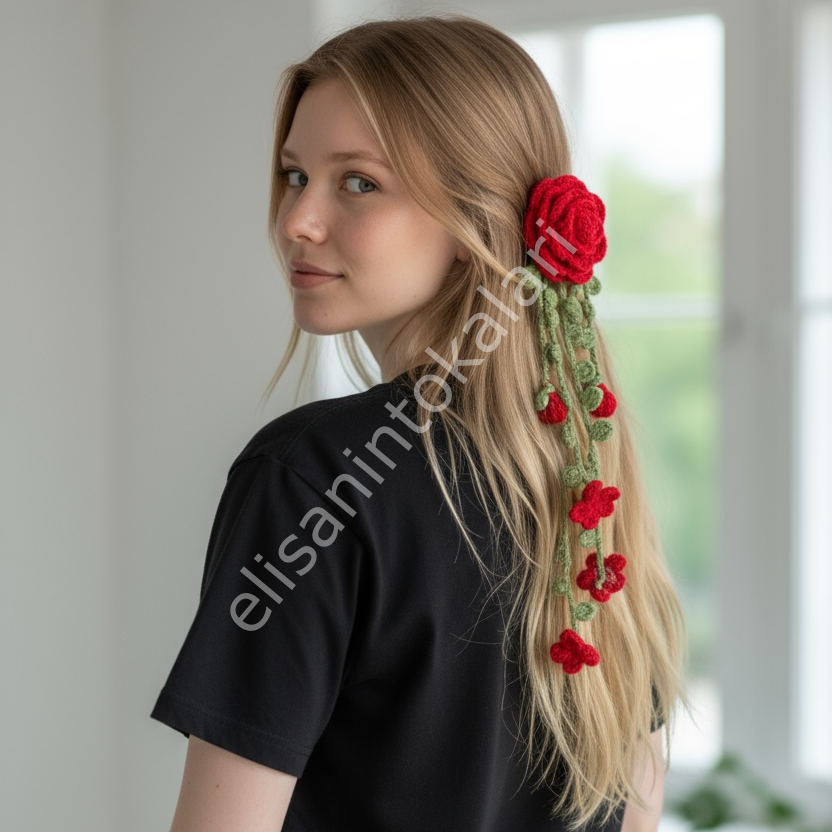 HANDMADE CROCHET RED ROSE ELASTIC HAIR TIE – LONG FLORAL STRAND DESIGN