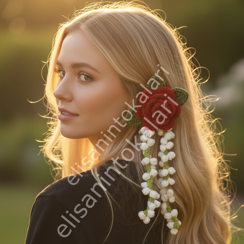 HANDMADE CROCHET RED ROSE HAIR ACCESSORY – ELASTIC OR ALLIGATOR CLIP OPTIONS