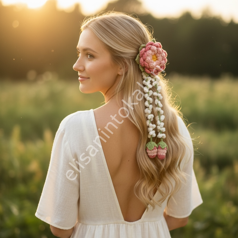 HANDMADE CROCHET FLOWER LONG TAIL HAIR TIE – ELASTIC HAIR BAND