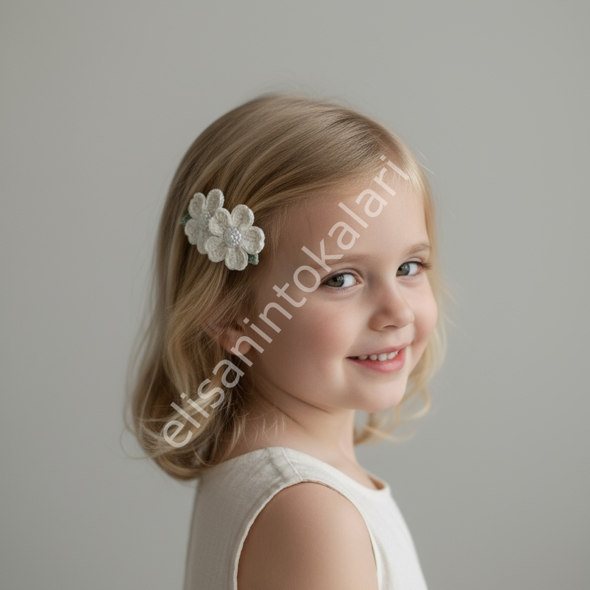 HANDMADE WHITE CROCHET FLOWER HAIR CLIP – PEARL CENTER, 4.5 CM ALLIGATOR CLIP