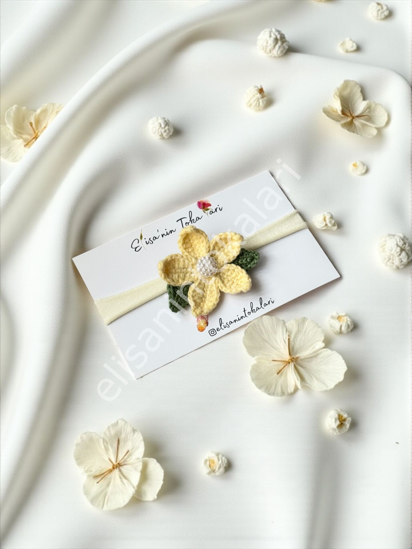 HANDMADE CROCHET YELLOW FLOWER BABY HEADBAND – PEARL CENTER & SOFT ELASTIC BAND