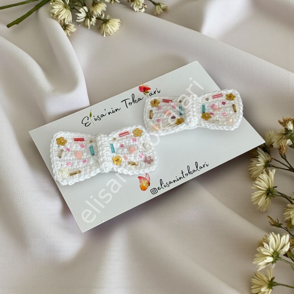 HANDMADE BEADED CROCHET BOW HAIR CLIP – 5.5 CM ALLIGATOR CLIP