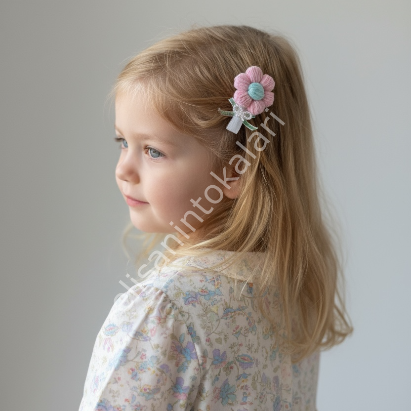 HANDMADE PUFFY CROCHET DAISY HAIR CLIP – TULLE BOW & ACRYLIC PEARL BOW (4.5 CM ALLIGATOR CLIP)
