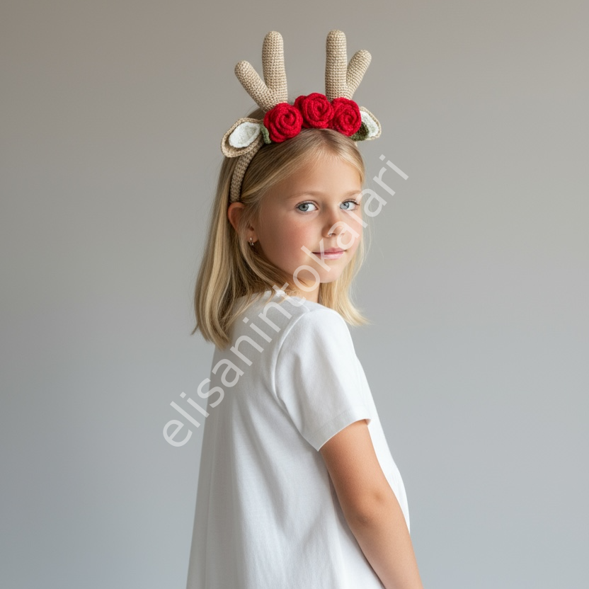 CROCHET CHRİSTMAS GOLD HORN RED ROSE HEADBAND