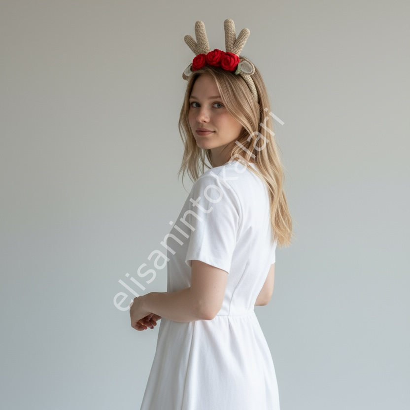 CROCHET CHRİSTMAS GOLD HORN RED ROSE HEADBAND