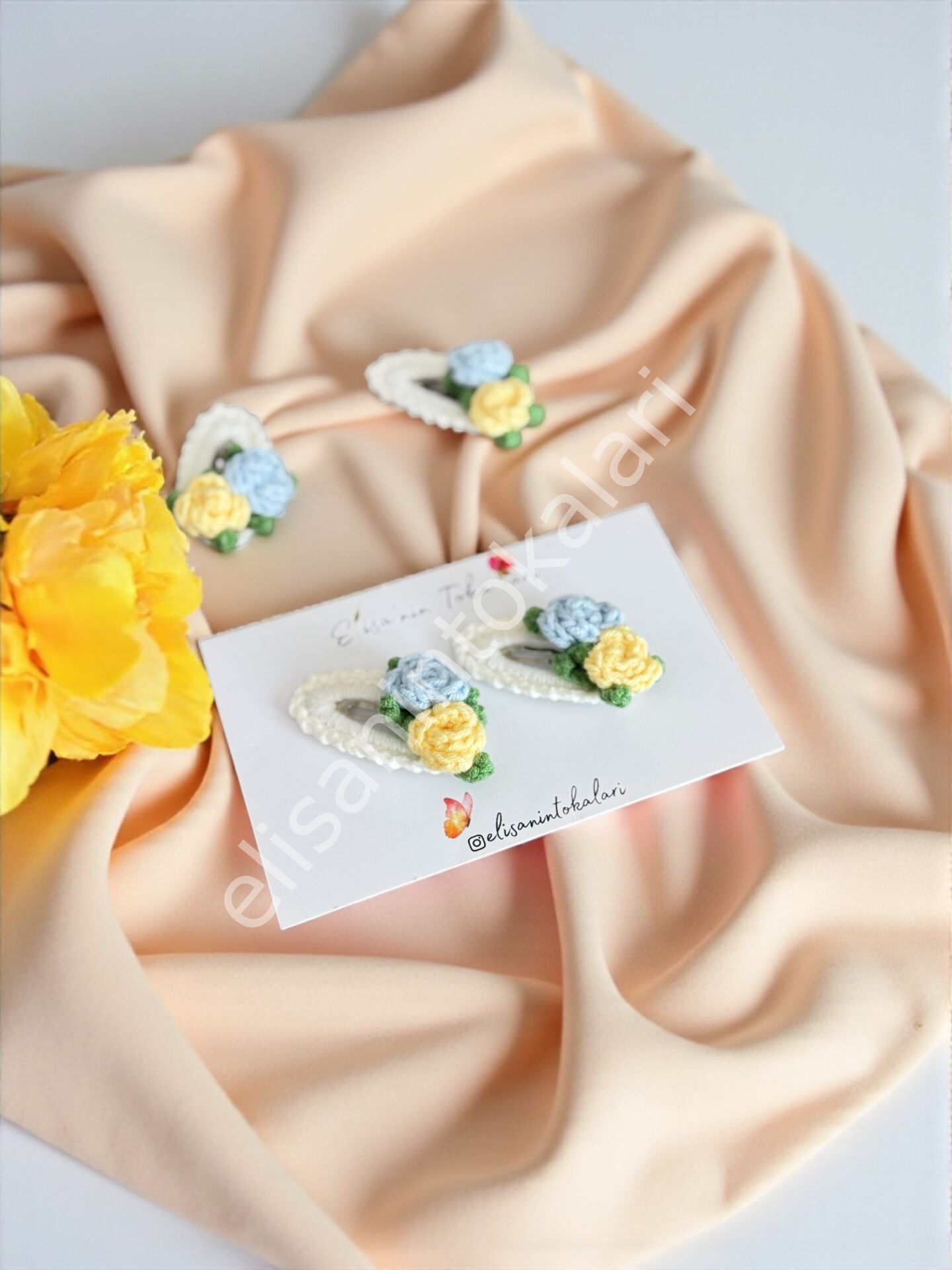 CROCHET BLUE & YELLOW ROSE HAIR PIN