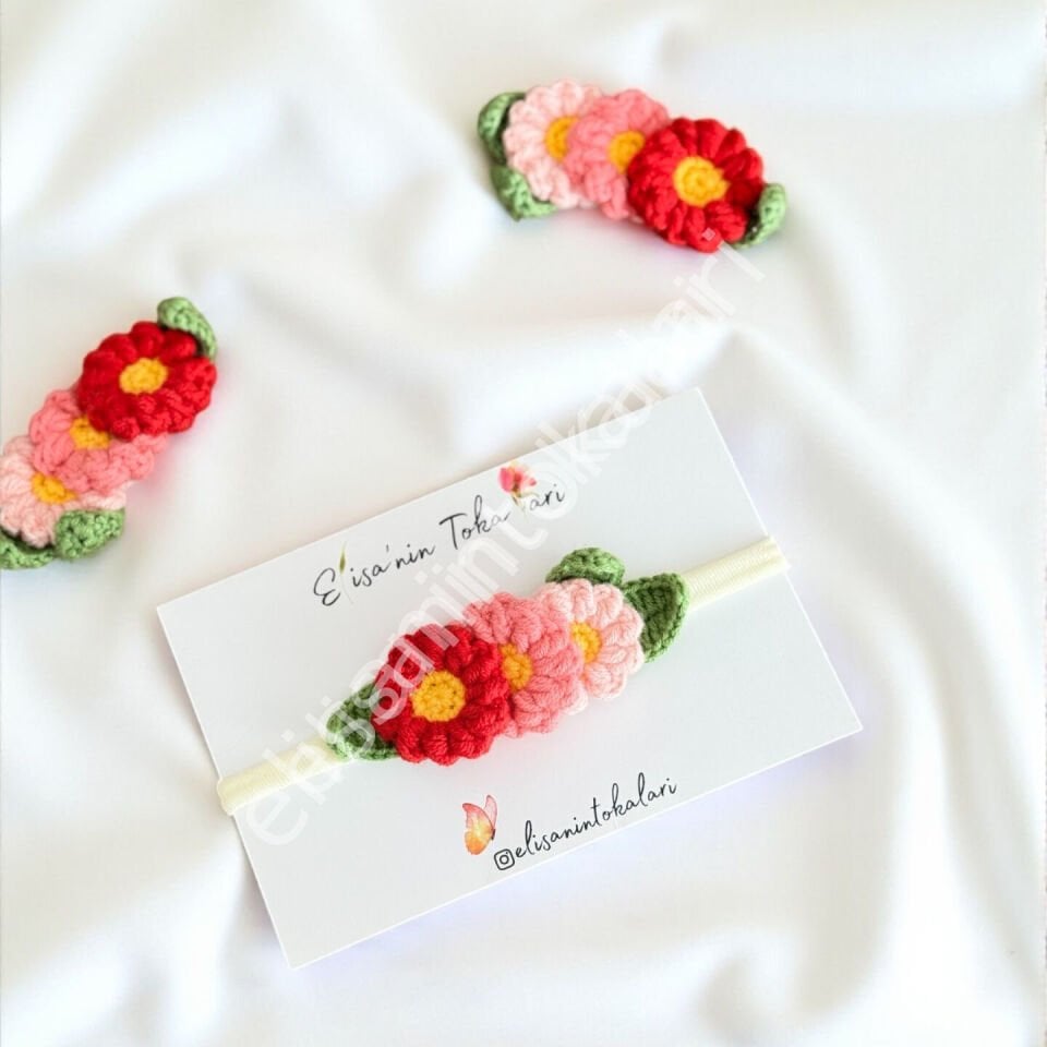 CROCHET RED & PINK  DAISY HEADBAND
