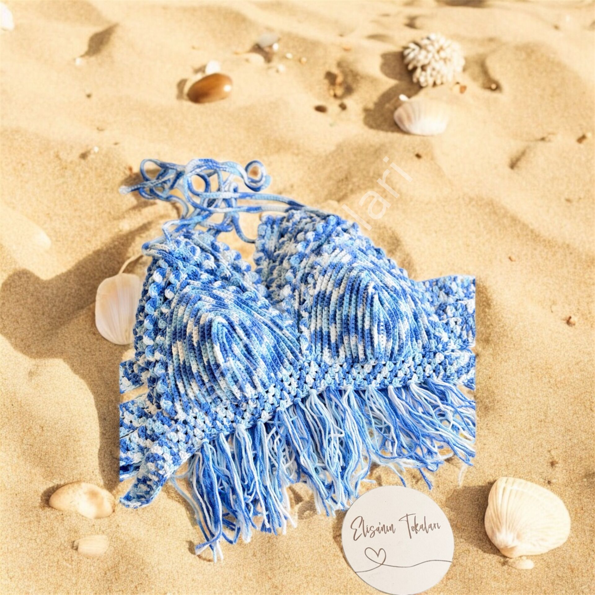 BLUE CROCHET FRINGE BIKINI TOP